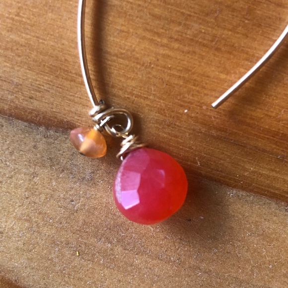 Gold Wire Wrapped Open Hoops Faceted Carnelian Floating Earrings Gold Fill - Picture 2 of 7